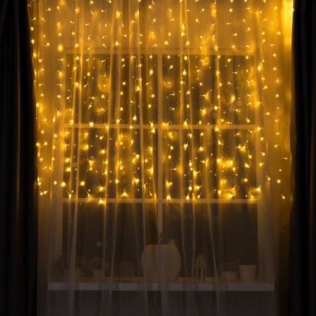 Garland "Curtain" 2 × 1.5 m, IP20, transparent thread, 360 LED, warm white glow, 8 modes, 220 V