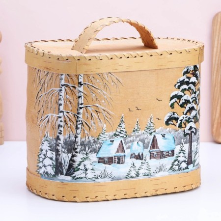 Khlebnitsa "Winter", with painting, 24 × 16 × 20 cm, mix, birch bark