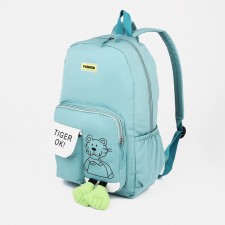 A backpack with a zipper, 3 outer pockets, turquoise color