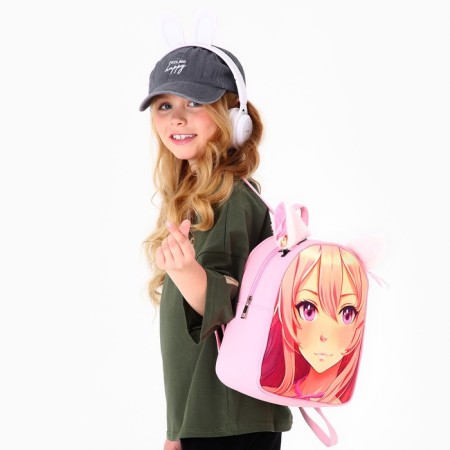 School textile backpack with ears on the hairpins "Anime", 27x23 cm, pink color-12