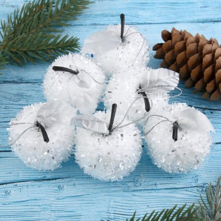 Jewelry decoration "Apple" (set 6 pcs) 4 cm, white-silver