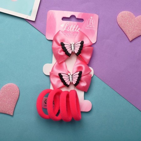 Sofia hair set (4 elastic bands, 2 clamps) Bow's bow, pink