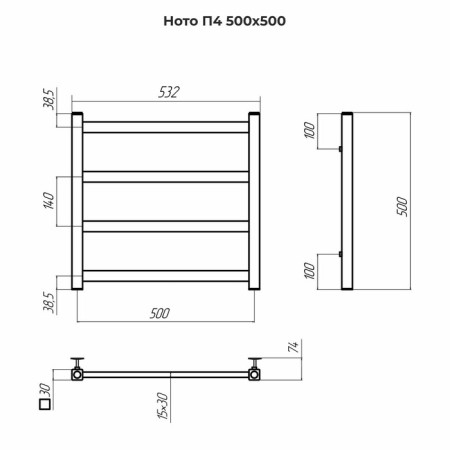 Terminus heated towel rail "Noto" P4, 500x500 mm, lower connection, chrome-3