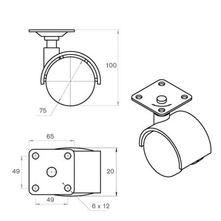 Furniture wheel, d = 75 mm, on the site, with a foot, with a latch, gray-1