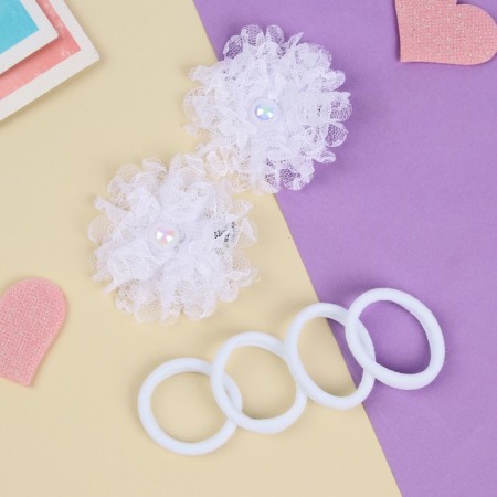 Hair set "cutie" (2 clamps, 4 elastic bands) lace, white-1