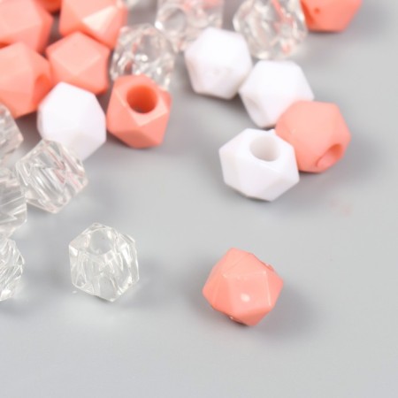 Plastic beads "Crystal polyhedron. Coral, white, transparent" set of 30 g 1x1x1 cm-1