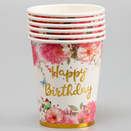 Paper glasses “Happy birthday”, 6 pcs., Pink color-1