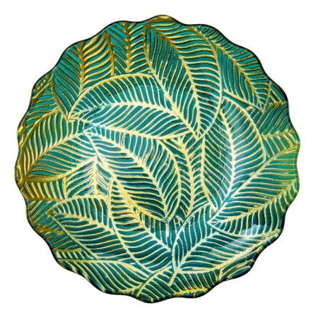 Glass dish with wavy edges "leaves", d = 305 mm, green / gold color