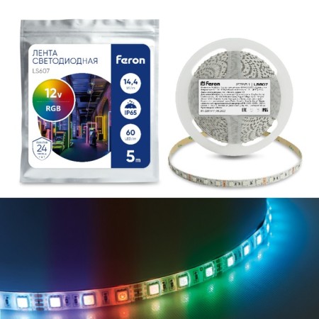 Feron 5 m, IP65, SMD5050, 60 LED/m, 14.4 W/m, 12 V, RGB glow.