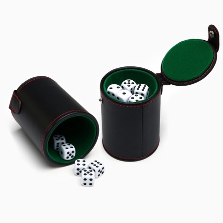 A leather glass for playing bones, 5 cubes included, 7.9 x 10.2 cm-1