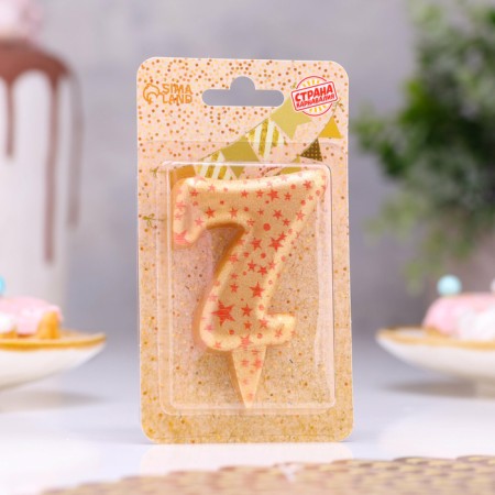 Candle in the Sanata cake, number "7", gold with red stars, 5.5 cm-1