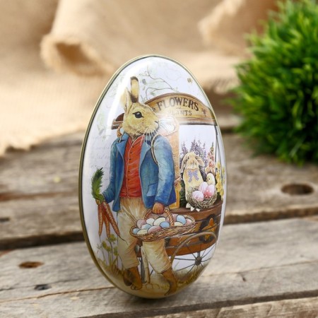 Casket Metal Egg "Hare with a basket of painted eggs" 11x6.5x7 cm