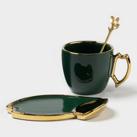 Tea couple ceramic "Livona", 3 objects: a cup of 200 ml, a saucer d = 14 cm, spoon, emerald color-1