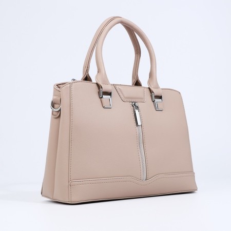 Bag Tout with zipper, external pocket, long belt, beige color-3
