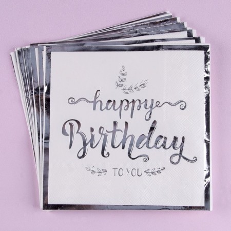 Paper napkins "Happy birthday", 33 × 33 cm, set 12 pieces, silver color