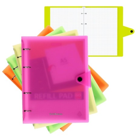 A notebook on the rings A5, 80 sheets in the Erichkrause "Neon", a plastic cover on the button, an offset unit, whiteness is 100%, mix