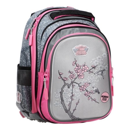 Frame backpack 39 x 29 x 17 cm, Across 410, filling: bag, pencil case, gray/pink ACR22-410-11-1