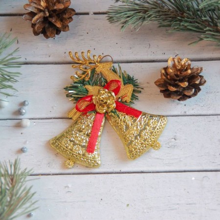 Christmas tree decoration "Carved bells with a deer" 10x9 cm, gold
