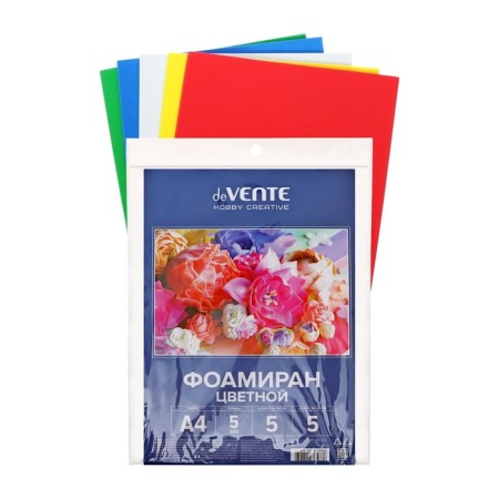 Foamiran color A4 "Devente" 5 colors x 5 sheets, thickness 5 mm, plastic bag with euro suspension