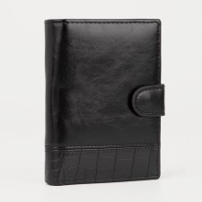 Male purse on the button, 3 in 1, for auto documents and passports, 2 departments, for cards, for coins, black color