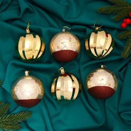 Set of balls plastic D-8 cm, 6 pcs "Helian stripes" golden brown