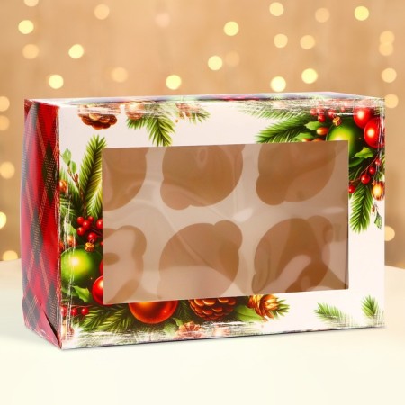 New Year. Box for 6 cupcakes with the Window "New Year with cones", 25 x 17 x 10 cm, packaging-1