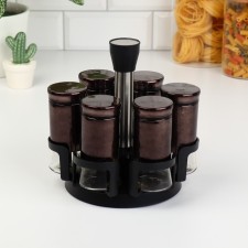 A set of glass containers for spices on a metal stand “Bohemia”, 5.5 × 11 cm, 6 pcs, brown color