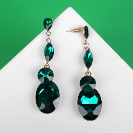 Hanging earrings with “Party” rhinestones path of drops, emerald color in gold, 7 cm-1