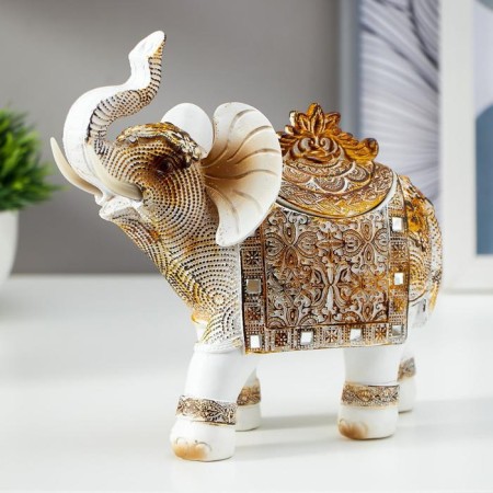 Souvenir Polystone Casket "White Elephant with a blanket from the Arab carpet" 17.5x17.5x6.3 cm-3