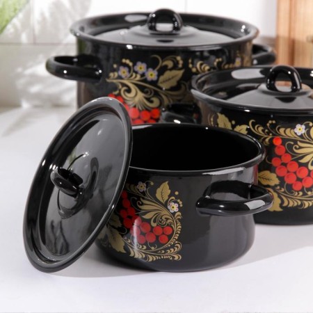 Set of pots “Ryabina”, 3 subjects: 1.5 l, 2.9 l, 4.5 l, enameled covers, induction-1