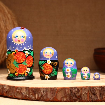Matryoshka 5-doll "festive purple" with God's cow 10-11 cm