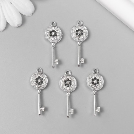 Decor for creativity metal, rhinestones "Key with a flower" silver 3x1.1 cm-2