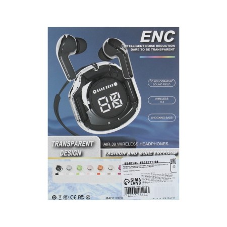 Wireless headphones Air39, TWS, inserts, BT 5.0, 45/200 mAh, display, transparent, black-10
