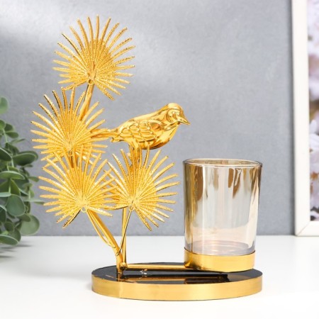 Summary metal, glass for 1 candle "Bird on the palm tree" D-5 cm, gold 8x16x19 cm-1