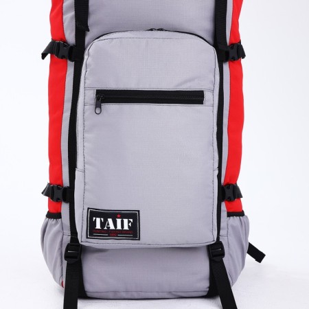 Tourist backpack, TAIF, 90 l, cord department, outer pocket, 2 side nets, gray/red color-7