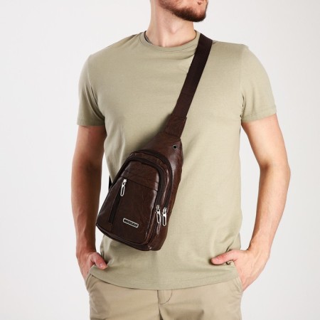 Male sling bag, artificial leather, headphone opening, brown color-7