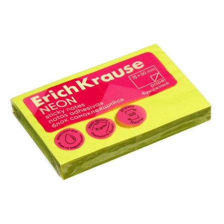 Block with a sticky edge paper 75x50 mm, Erichkrause "Neon", 100 sheets, yellow-2