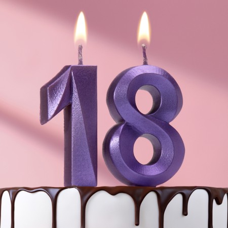 Candle in the cake jubilee "line" (set 2 in 1), number 18/81, purple metallic, 6.5 cm
