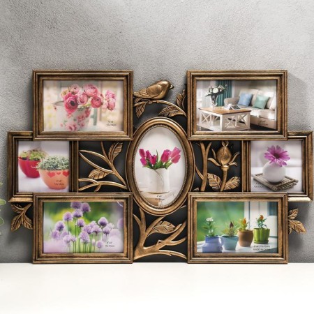 Photo frame plastic in 7 photos 10x10, 10x15 cm "Bird and rosehip" Gold 33.5x52 cm
