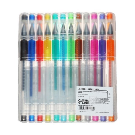A set of gel pens, 12 colors, with sparkles, with a rubber holder, in a plastic box-16