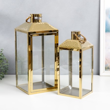 Summary Metal "Rectangular Lantern" set 2 pcs gold 18x18x42, 14x14x34 cm-1