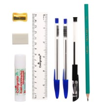 Office set, children, 8 objects: 2 blue hands, black gel, eraser, sharpener, ruler, pencil b/g, glue mix