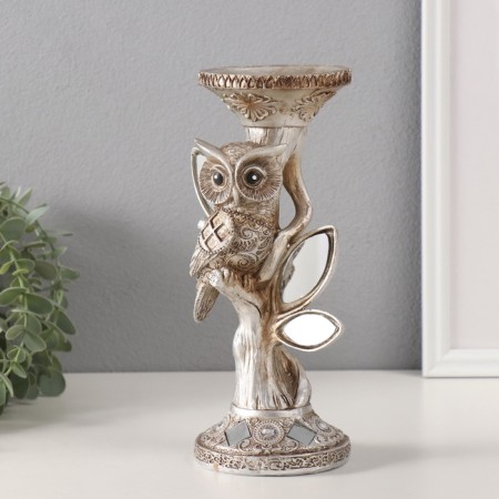 Polystone candlestick for 1 candle "Owl on a tree with mirror leaves" 11.5x9x24.2 cm-3
