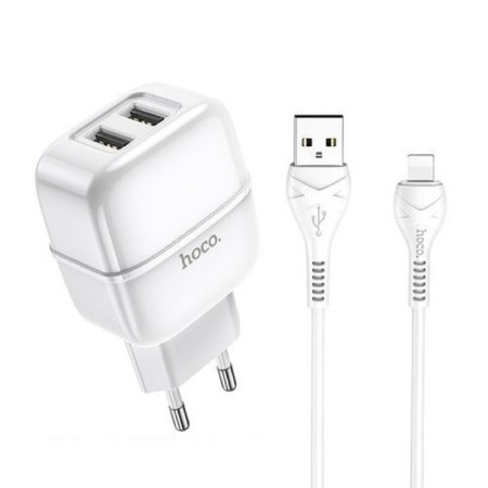 Network charger Hoco C77A, 2xUSB, 2.4 A, Lightning cable, 1 m, white-1