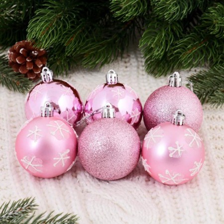 Set of balls plastic D-6 cm, 6 pcs "snowflakes" pink
