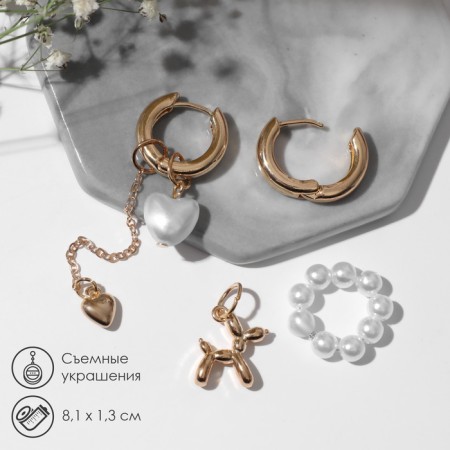 Earrings with the removable element "Transformer" dog, white color in gold