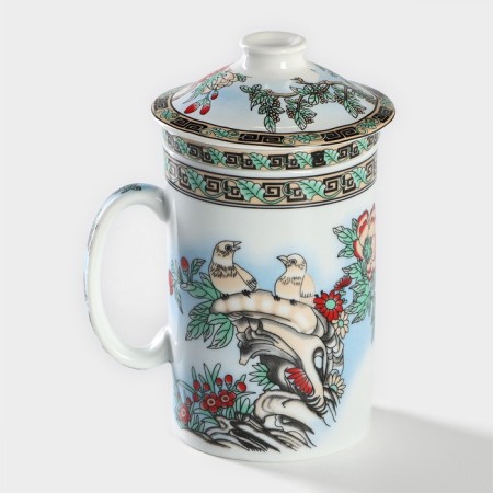 Ceramic mug with a lid and sieve "birds in peony", 300 ml