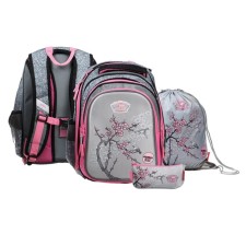 Frame backpack 39 x 29 x 17 cm, Across 410, filling: bag, pencil case, gray/pink ACR22-410-11