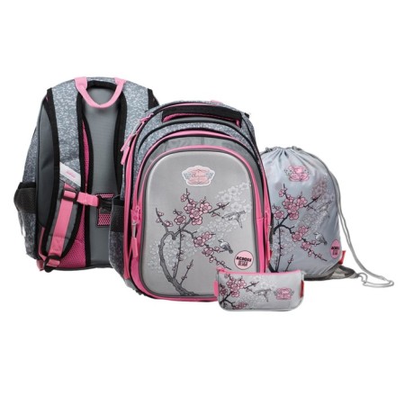 Frame backpack 39 x 29 x 17 cm, Across 410, filling: bag, pencil case, gray/pink ACR22-410-11