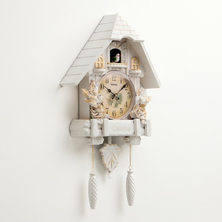 Watching clock, series: pendulum, "castle with birds", smooth move, 63 x 8 x 32 cm, white-1